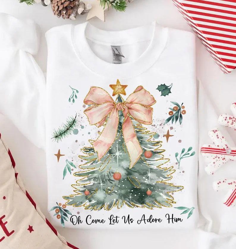 Bow Christmas Tree Oh Come Let Us Adore Him