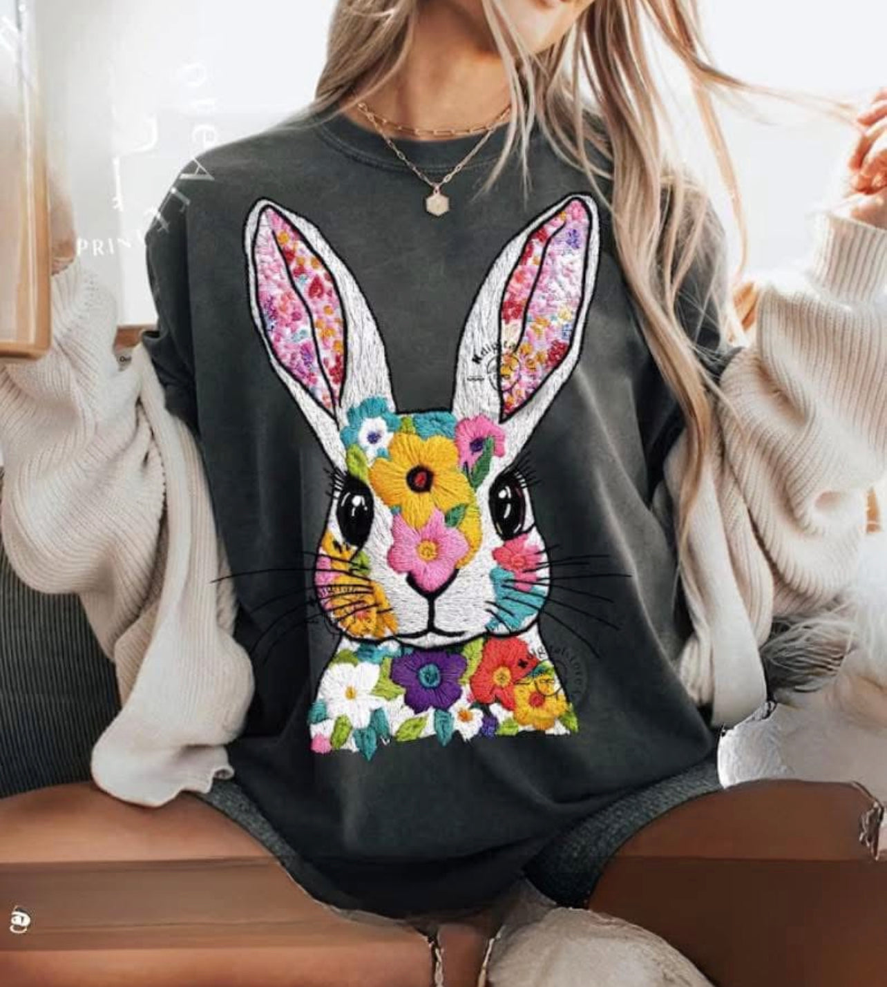 Faux Embroidery Floral Rabbit