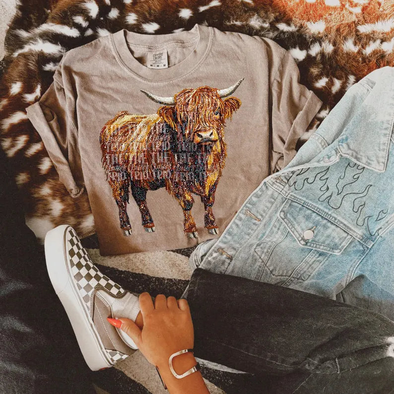 Faux Rhinestone Highland Cow