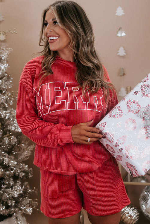 Corded MERRY Graphic Long Sleeve Top and Shorts Set