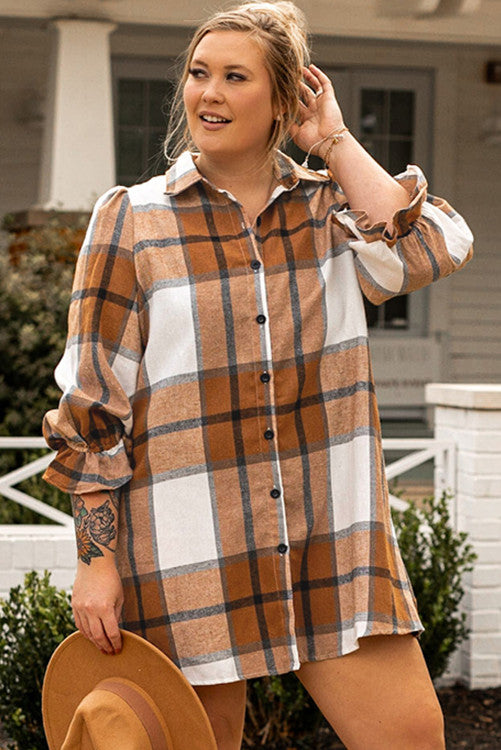 Khaki Plaid Pattern Collared Neck Ruffled Sleeve Shirt Dress