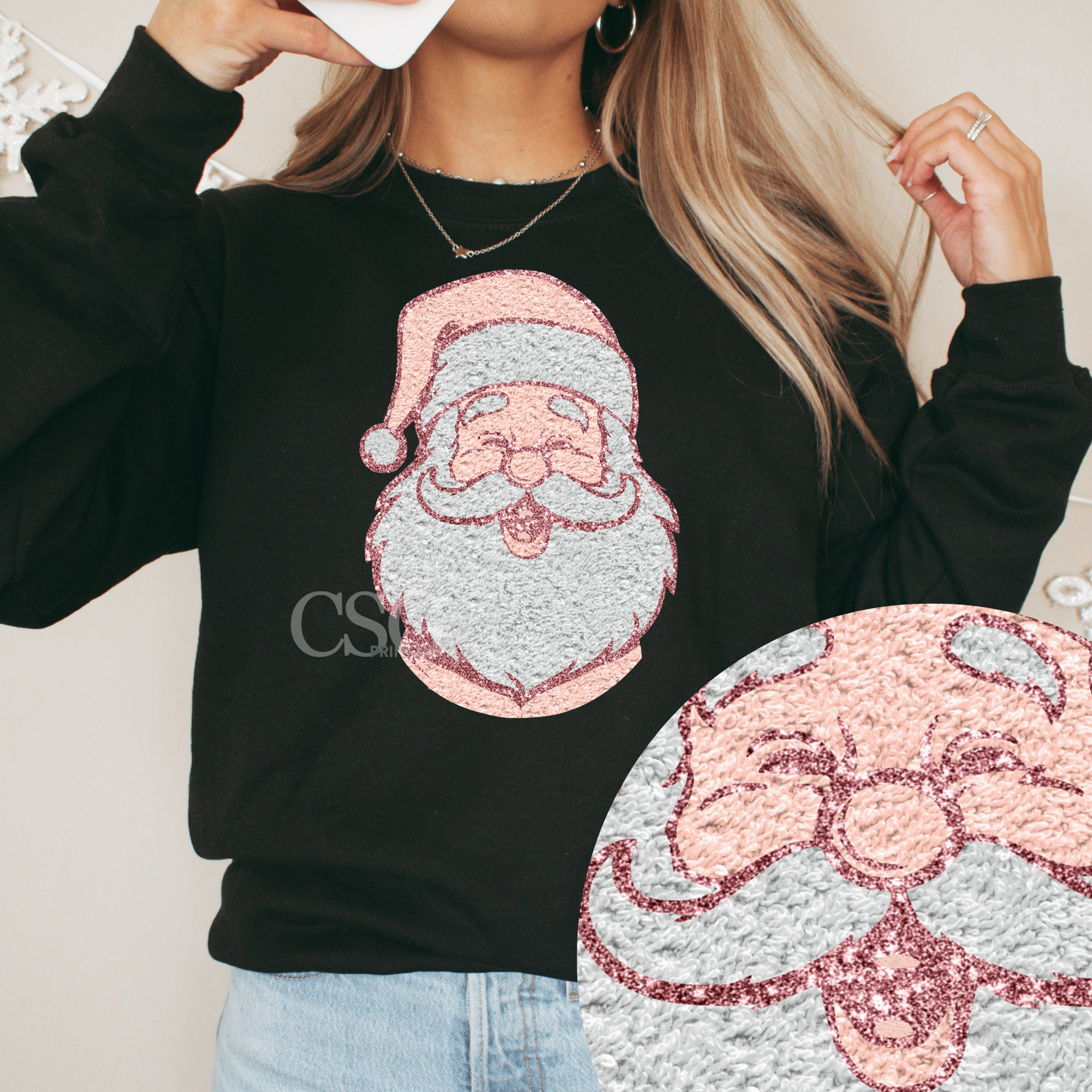 Faux Chenille Santa Face- Tee or Sweatshirt