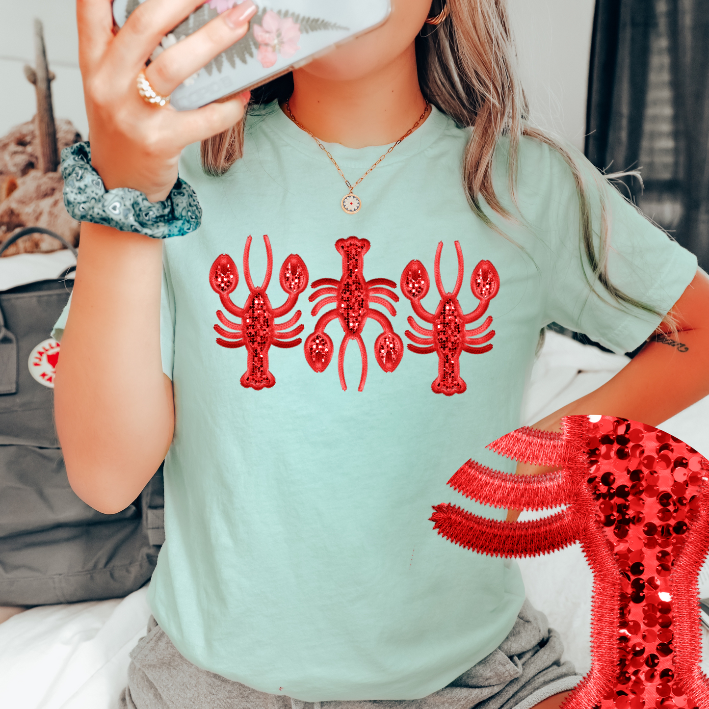 Crawfish Trio-Faux Sequin/Embroidery