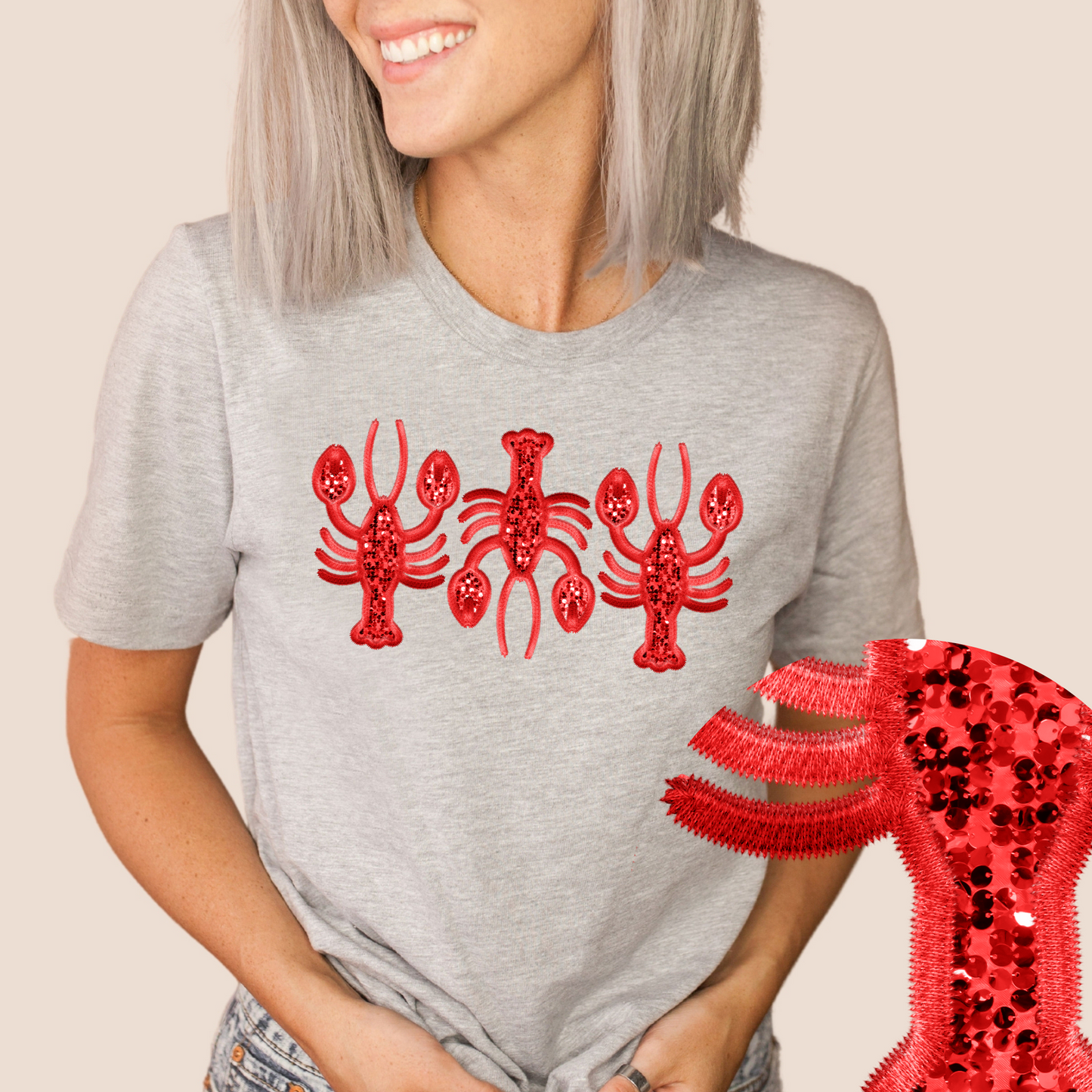 Crawfish Trio-Faux Sequin/Embroidery