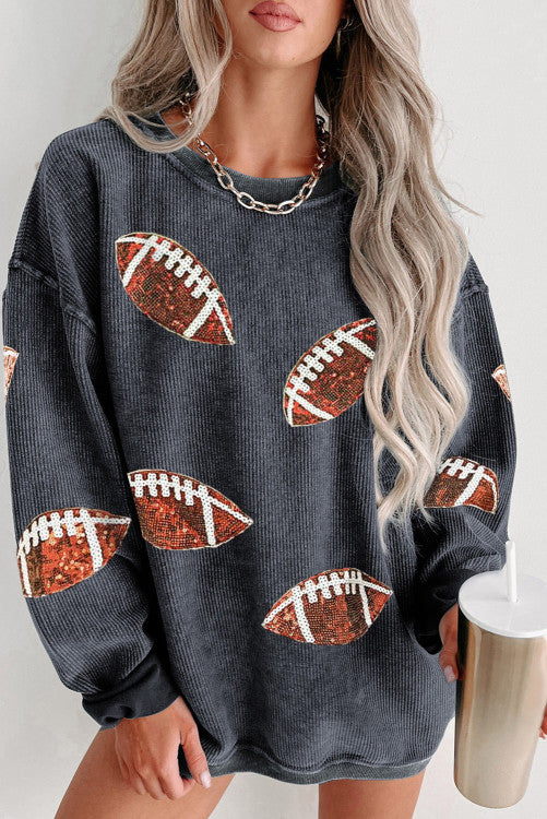 Gray Sequin Football Graphic Corded Baggy Sweatshirt