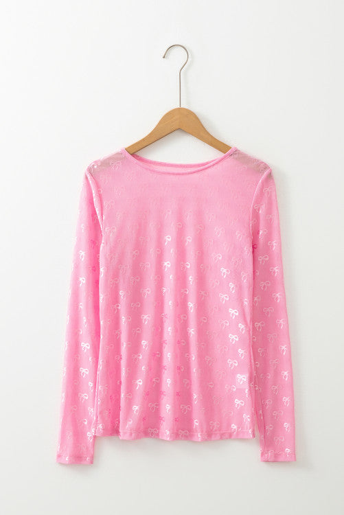 Pink Mesh Bow Pattern Long Sleeve Top