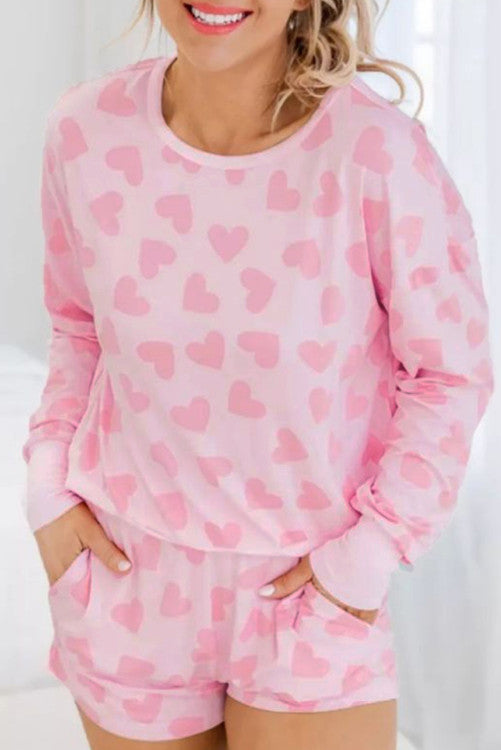 Valentine Heart Shape Print Long Sleeve Top Shorts Lounge Set