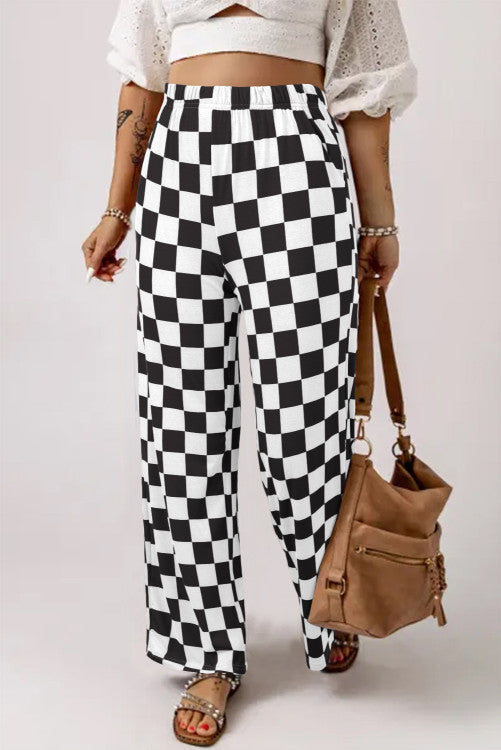 Black 2-Tone Checked Print High Waist Wide Leg Pants