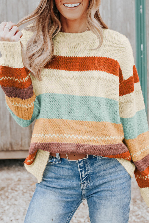 Crew Neck Drop-shoulder Striped Color Block Sweater