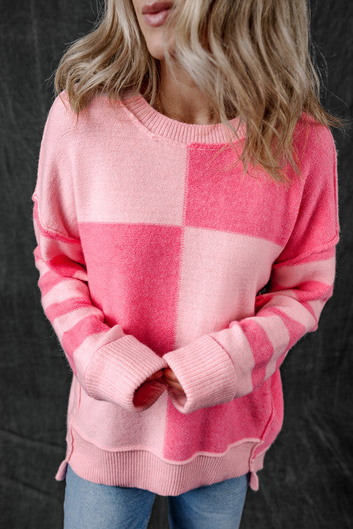 Pink Checkered Colorblock Striped High Low Loose Sweater