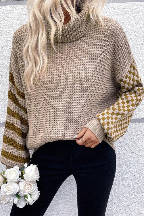 Striped Plaid Patchwork Waffle Knit Turtleneck Sweater