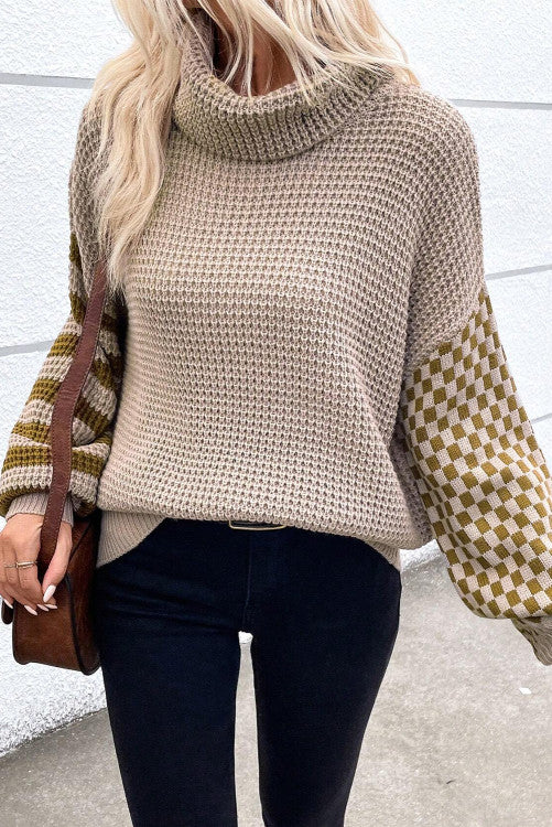 Striped Plaid Patchwork Waffle Knit Turtleneck Sweater