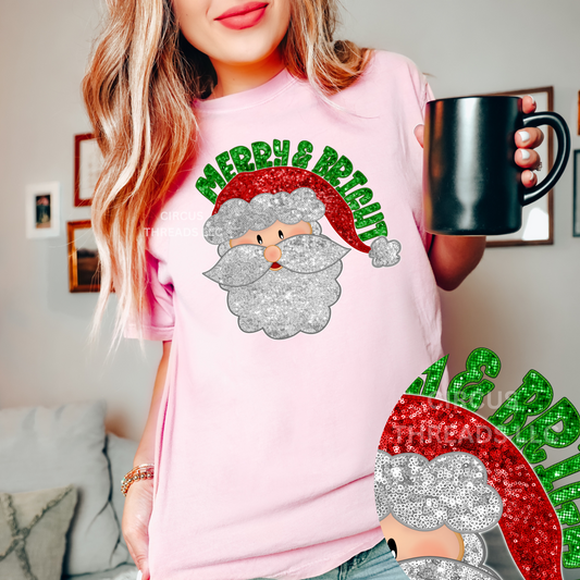 Faux Sequin Merry and Bright Santa Face - Tee or Sweatshirt