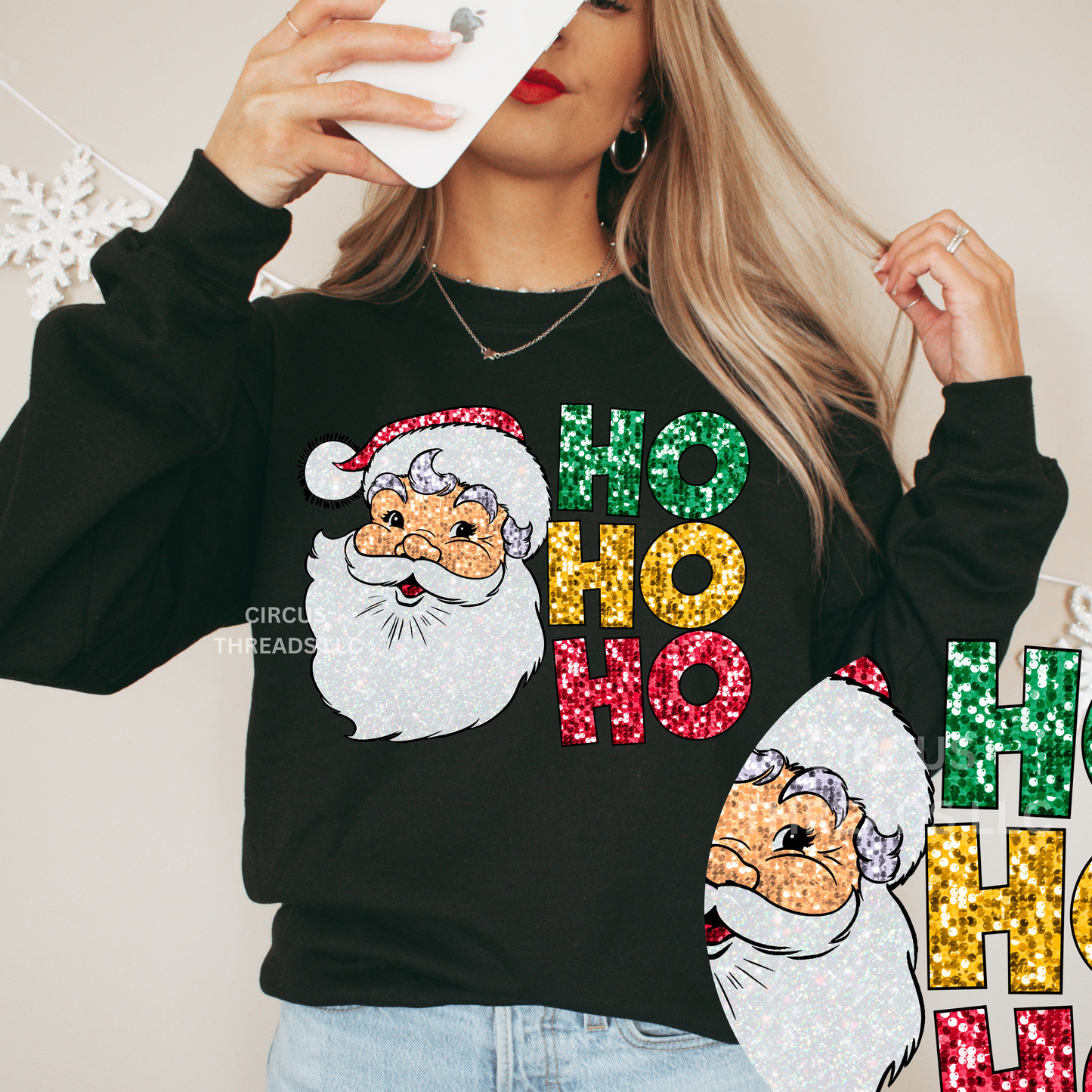 Faux Sequin Ho Ho Ho Santa Face - Tee or Sweatshirt