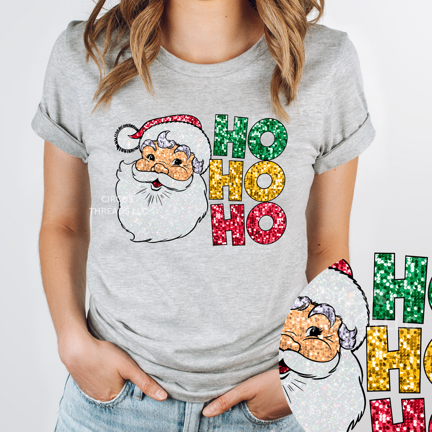 Faux Sequin Ho Ho Ho Santa Face - Tee or Sweatshirt