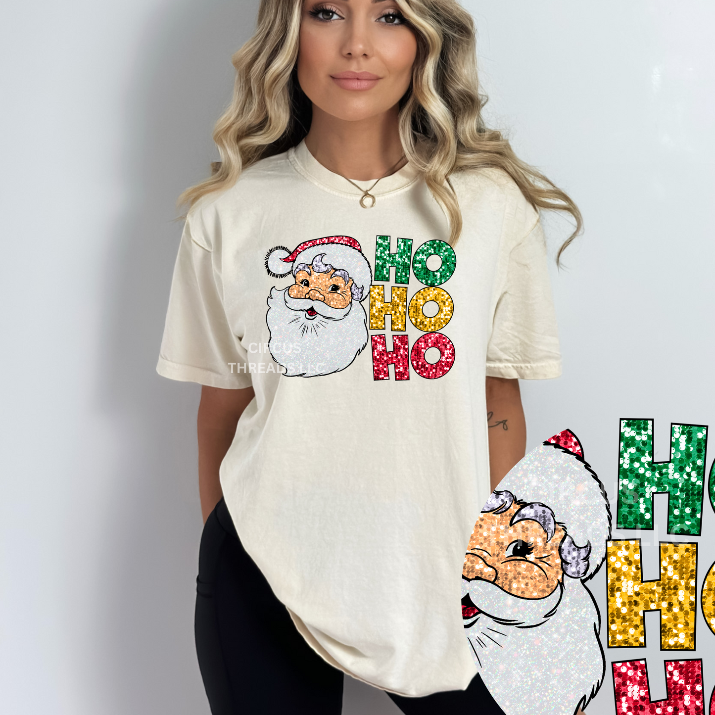 Faux Sequin Ho Ho Ho Santa Face - Tee or Sweatshirt