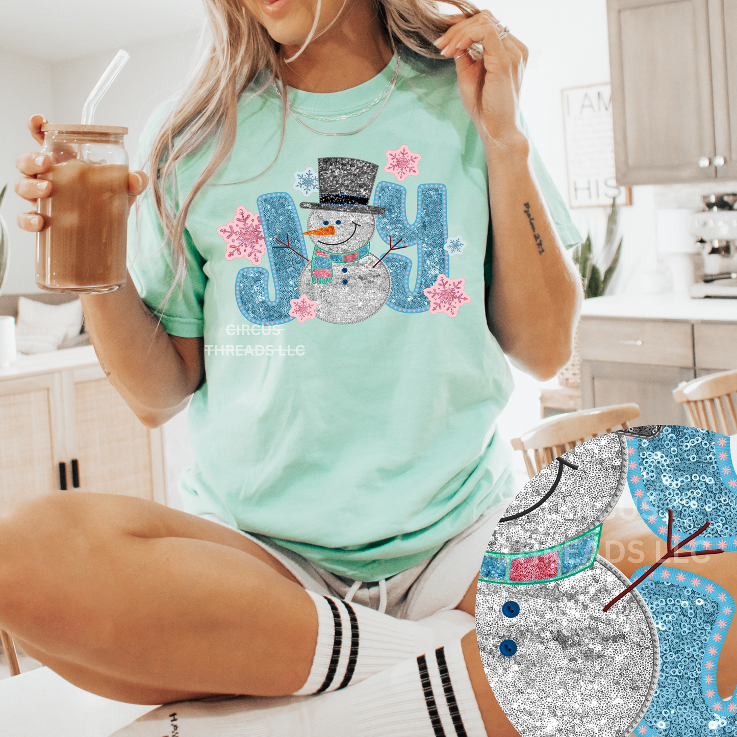 Faux Sequin JOY Snowman - Tee or Sweatshirt