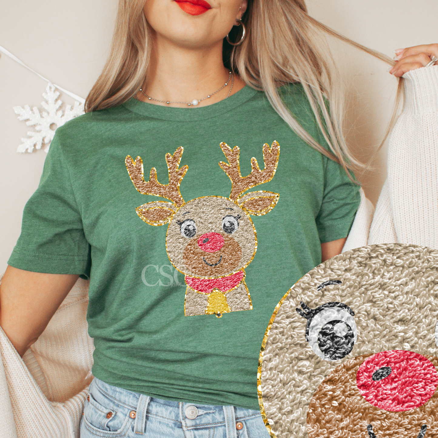 Faux Chenille Reindeer Face- Tee or Sweatshirt