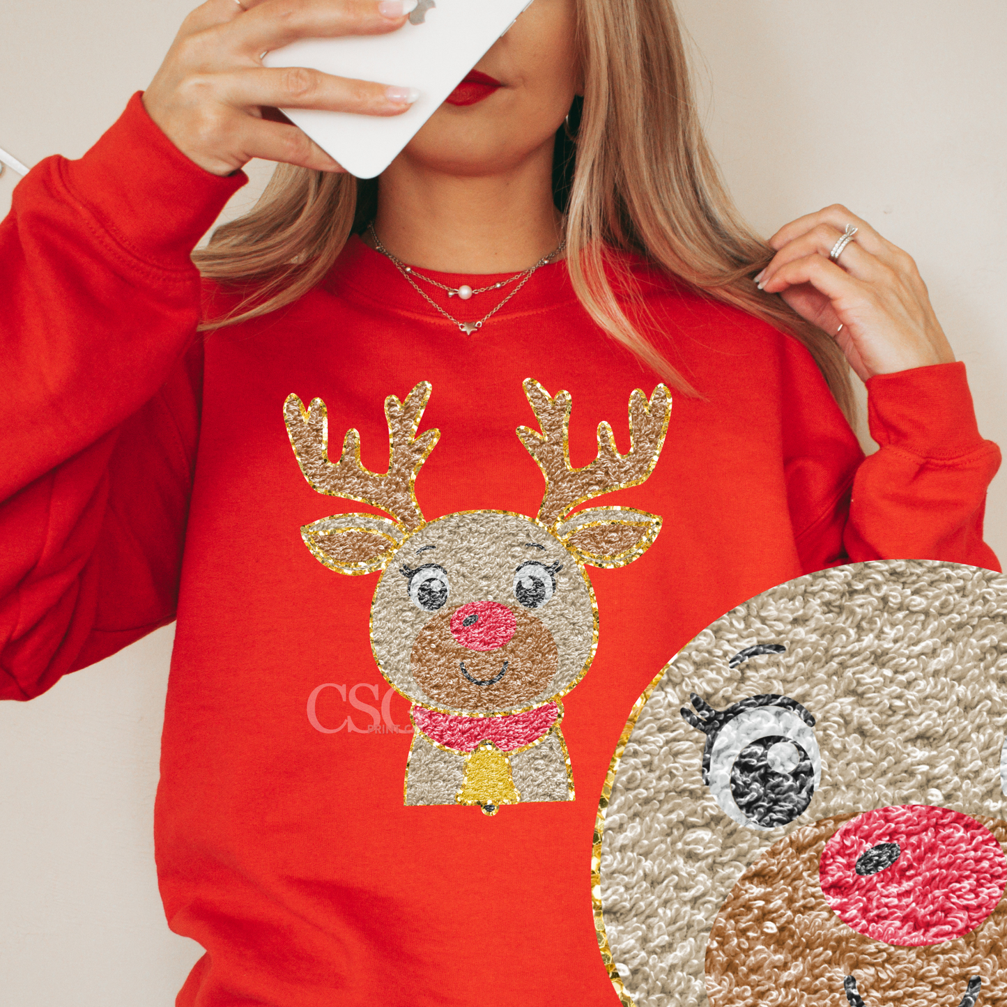 Faux Chenille Reindeer Face- Tee or Sweatshirt