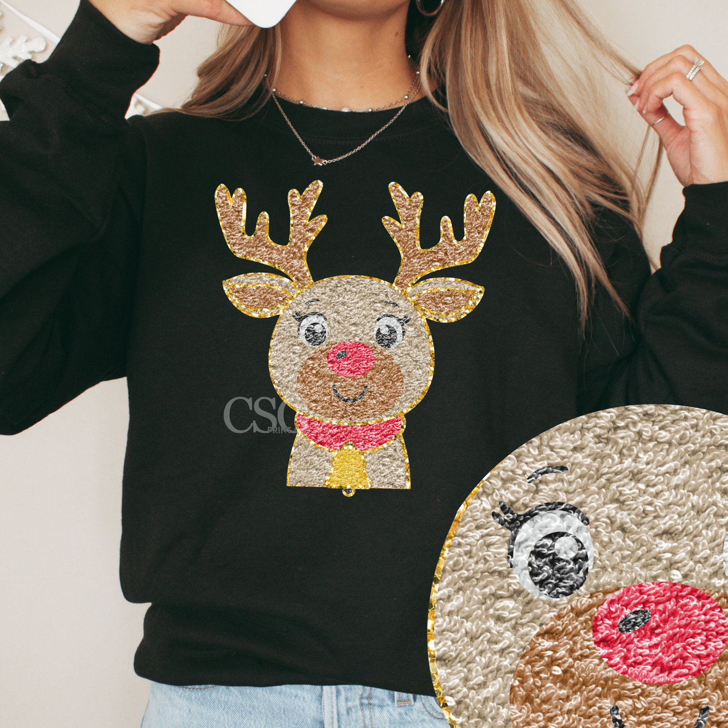 Faux Chenille Reindeer Face- Tee or Sweatshirt