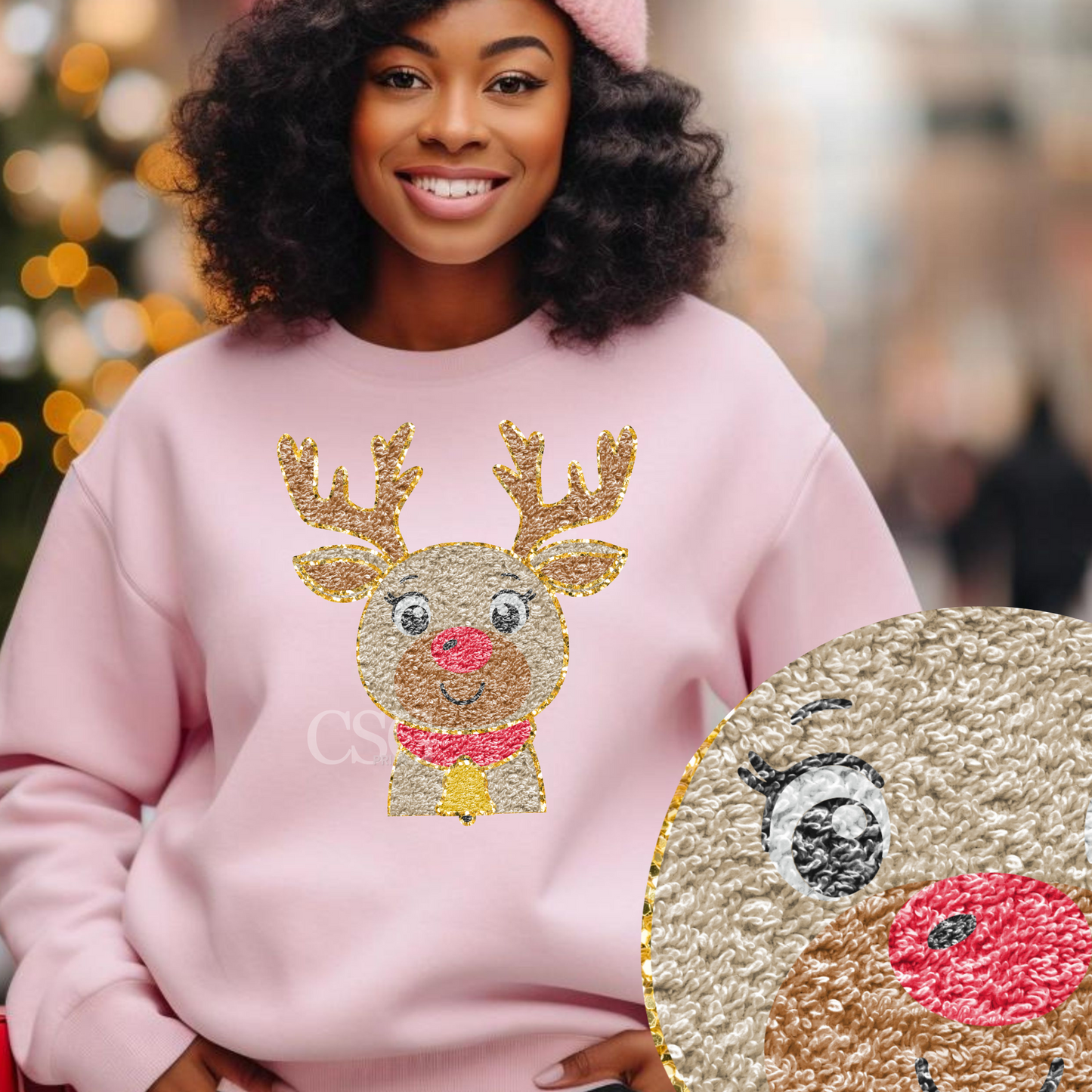 Faux Chenille Reindeer Face- Tee or Sweatshirt