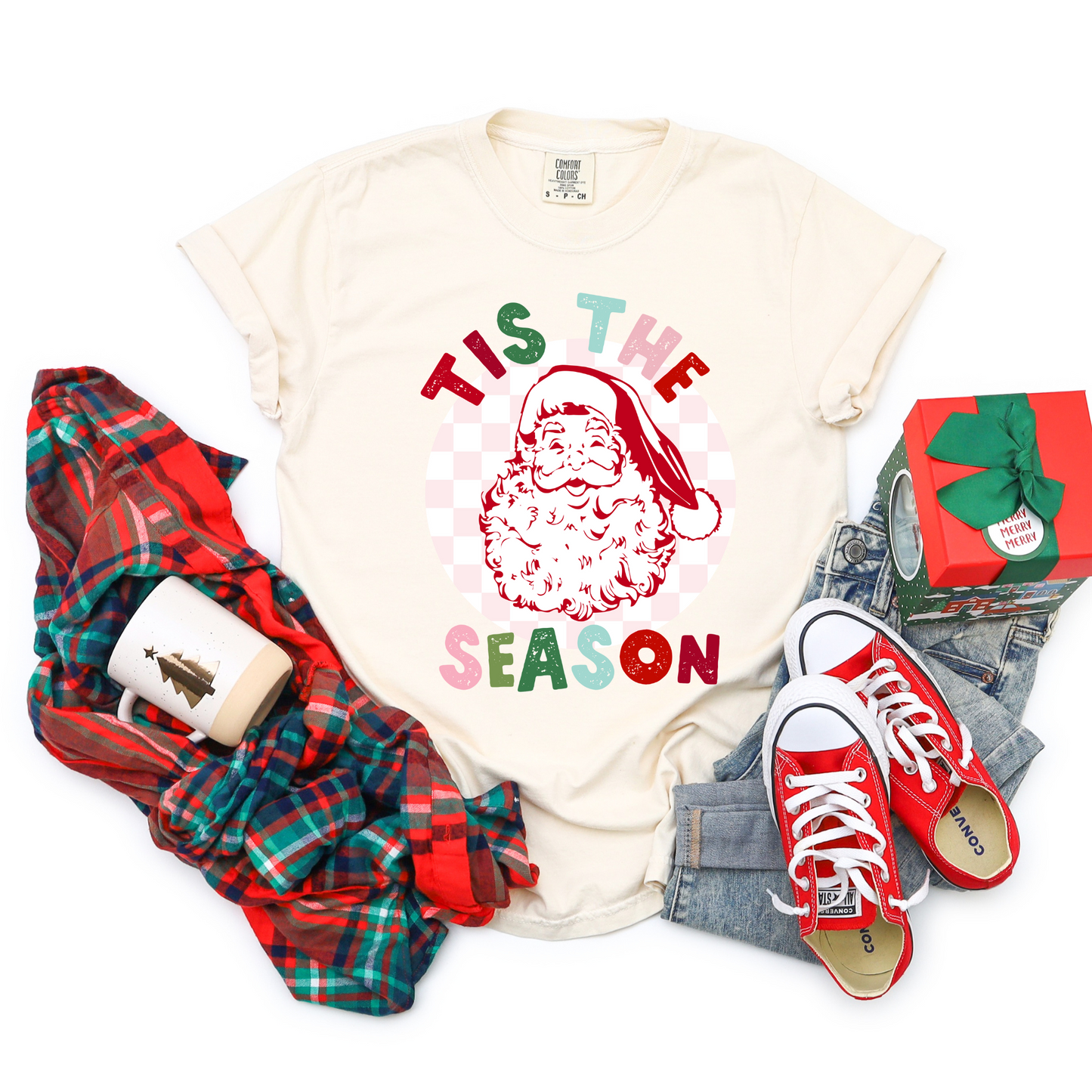 Tis The Season-Checkerboard Santa- Comfort Colors or Bella Tee