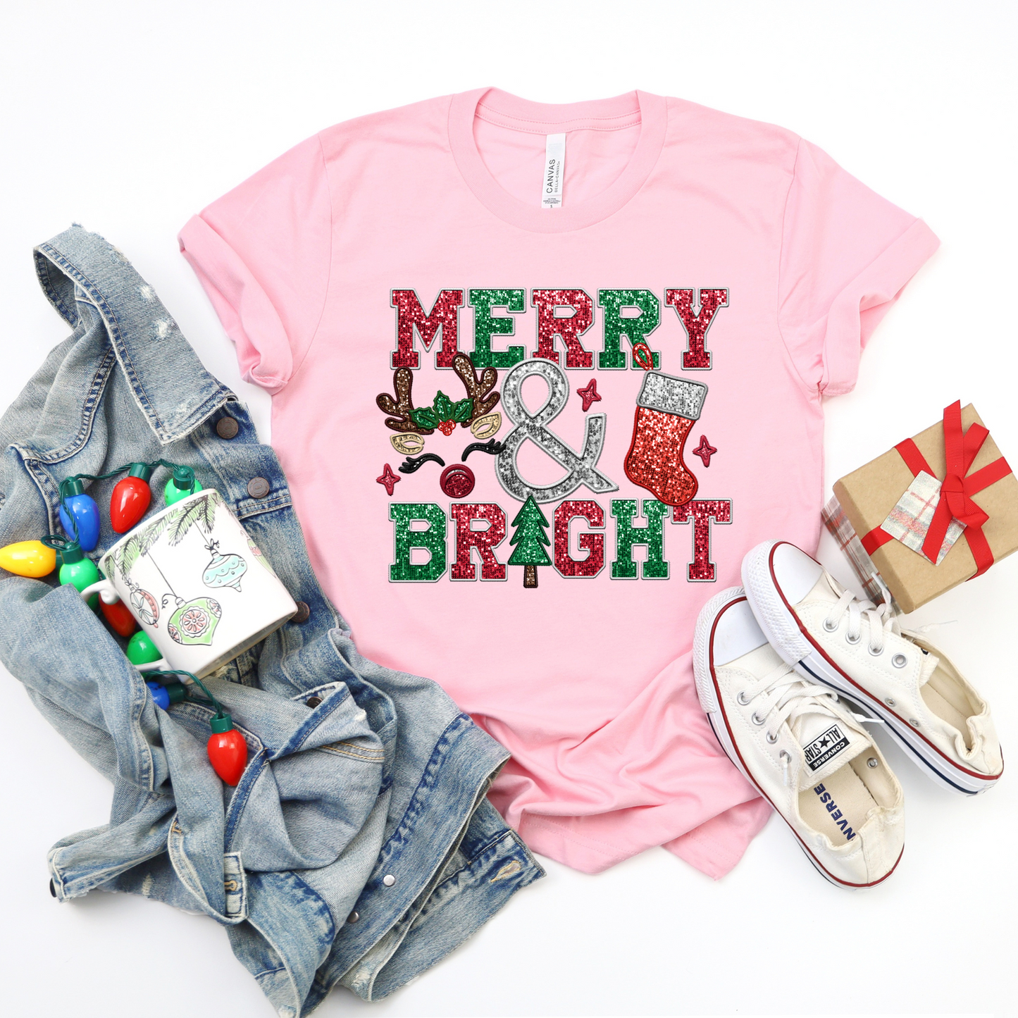 Merry Bright Faux Sequin- Comfort Colors or Bella Tee