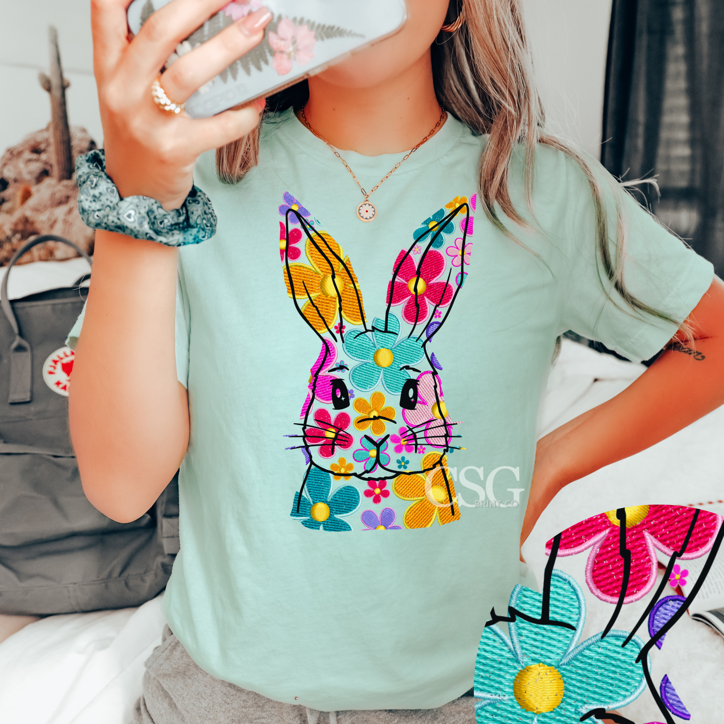 Floral Bunny- FAUX Embroidery